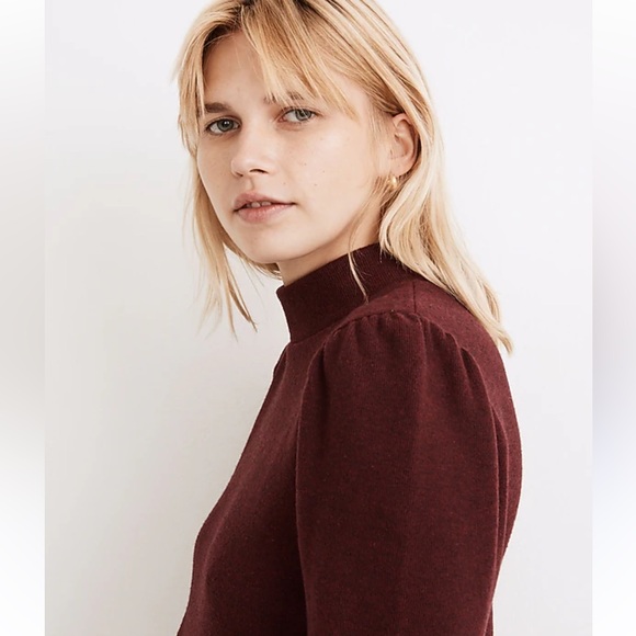 Madewell (Re)sourced Plush Mockneck Puff-Sleeve Red Maroon Long Sleeve Top - Picture 3 of 8